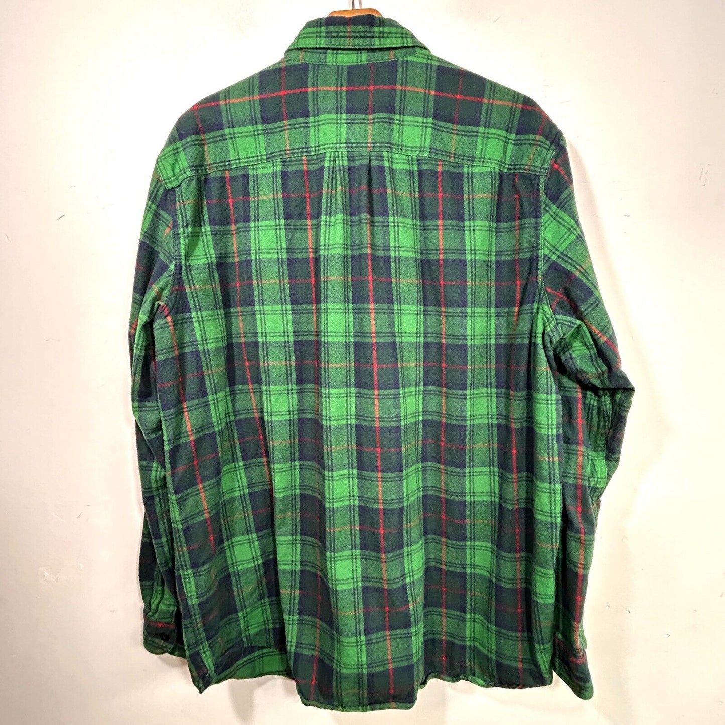 LL Bean Flannel Shirt Mens L Green Blue Plaid Long Sleeve Vintage