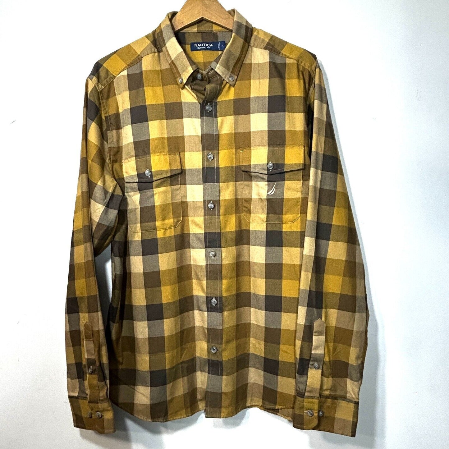 NAUTICA Mens L Black Yellow Plaid Button Down Dress Shirt Classic Fit