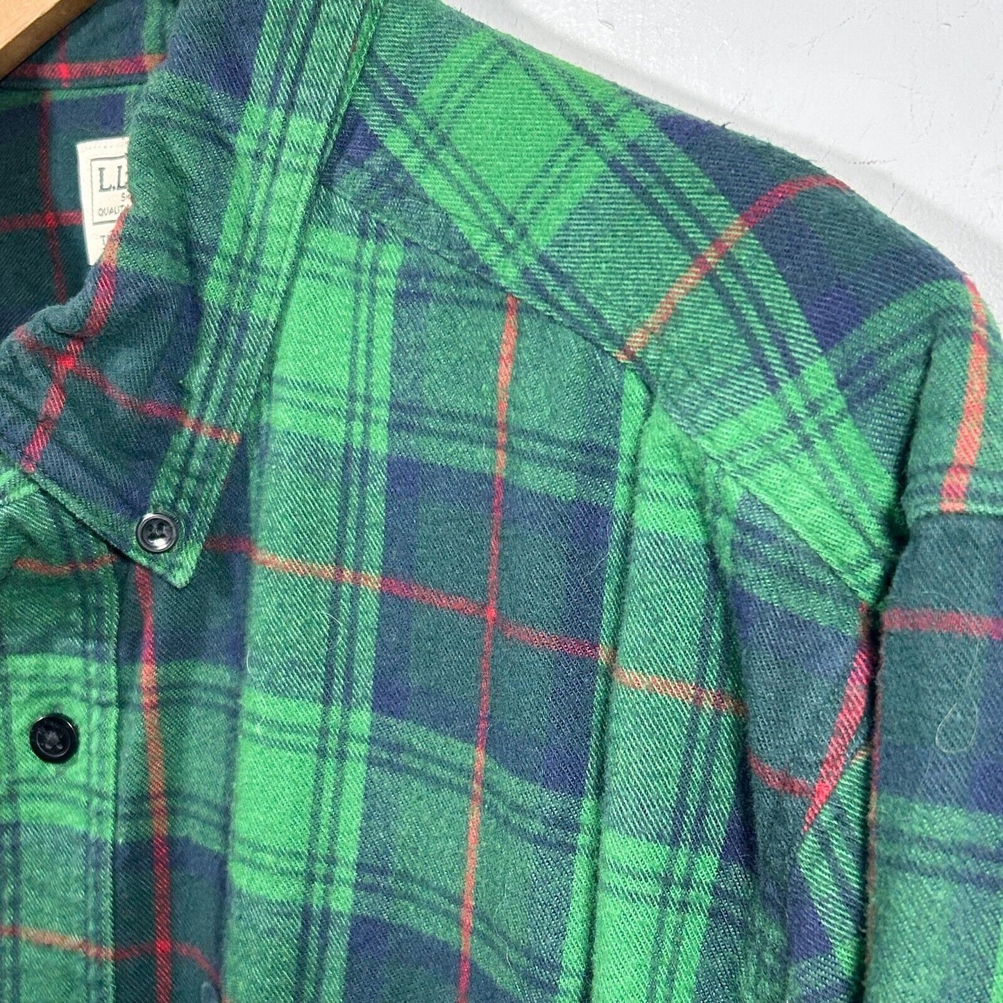 LL Bean Flannel Shirt Mens L Green Blue Plaid Long Sleeve Vintage