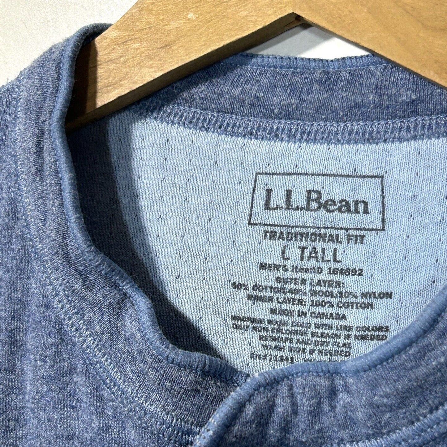 LL Bean River Driver Shirt Men's Large Tall LT Henley Wool Blend Blue