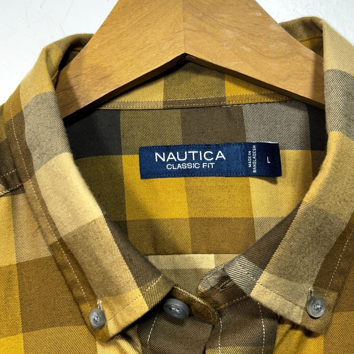 NAUTICA Mens L Black Yellow Plaid Button Down Dress Shirt Classic Fit