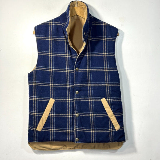 Vintage Reversible Puffer Vest Columbia Blue Plaid Tan Men’s S 1970’s