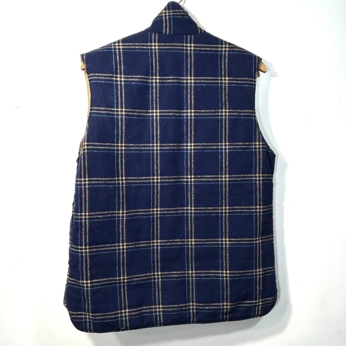 Vintage Reversible Puffer Vest Columbia Blue Plaid Tan Men’s S 1970’s