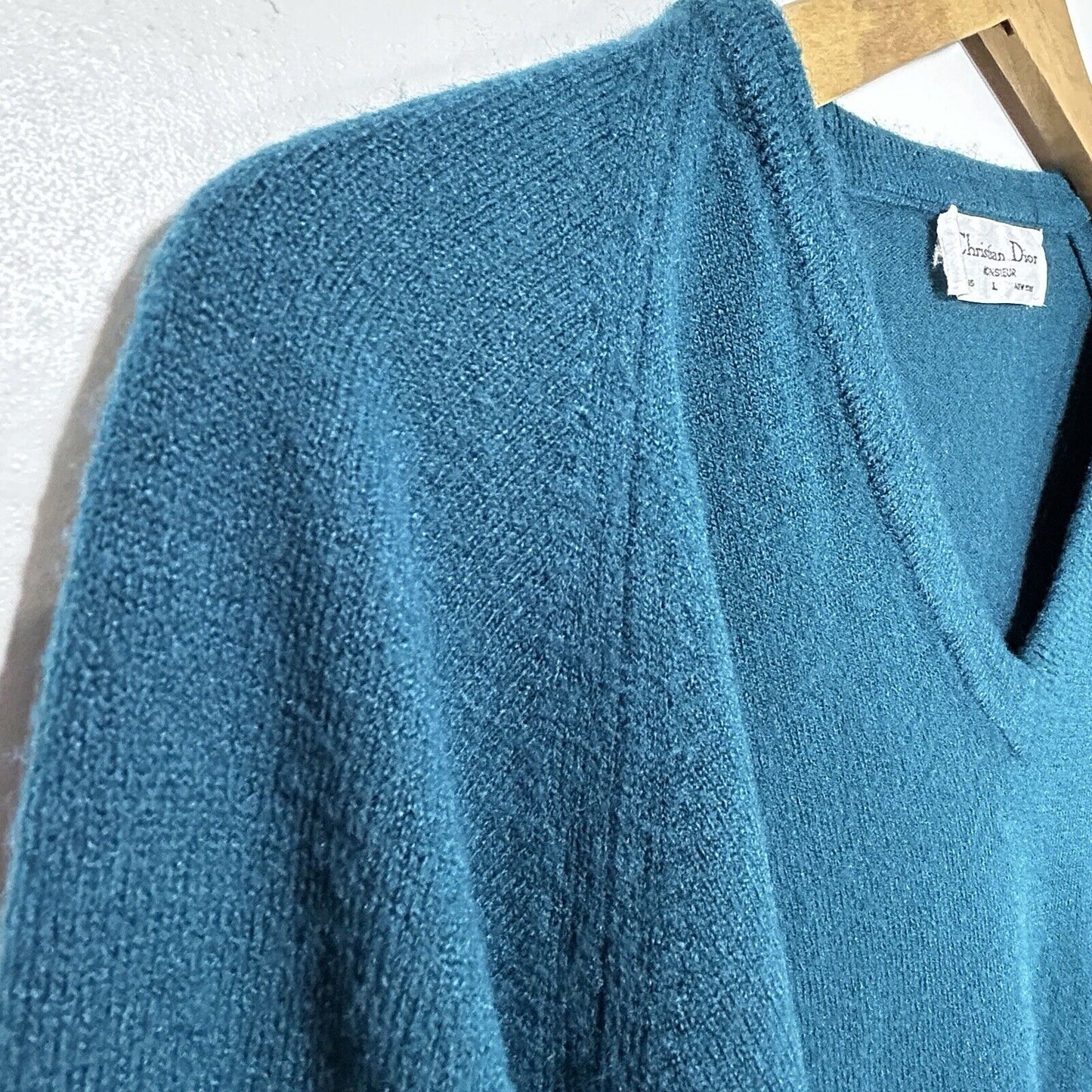 Vintage Christian Dior Sweater Orlon Acrylic V Neck Blue USA Made Mens L