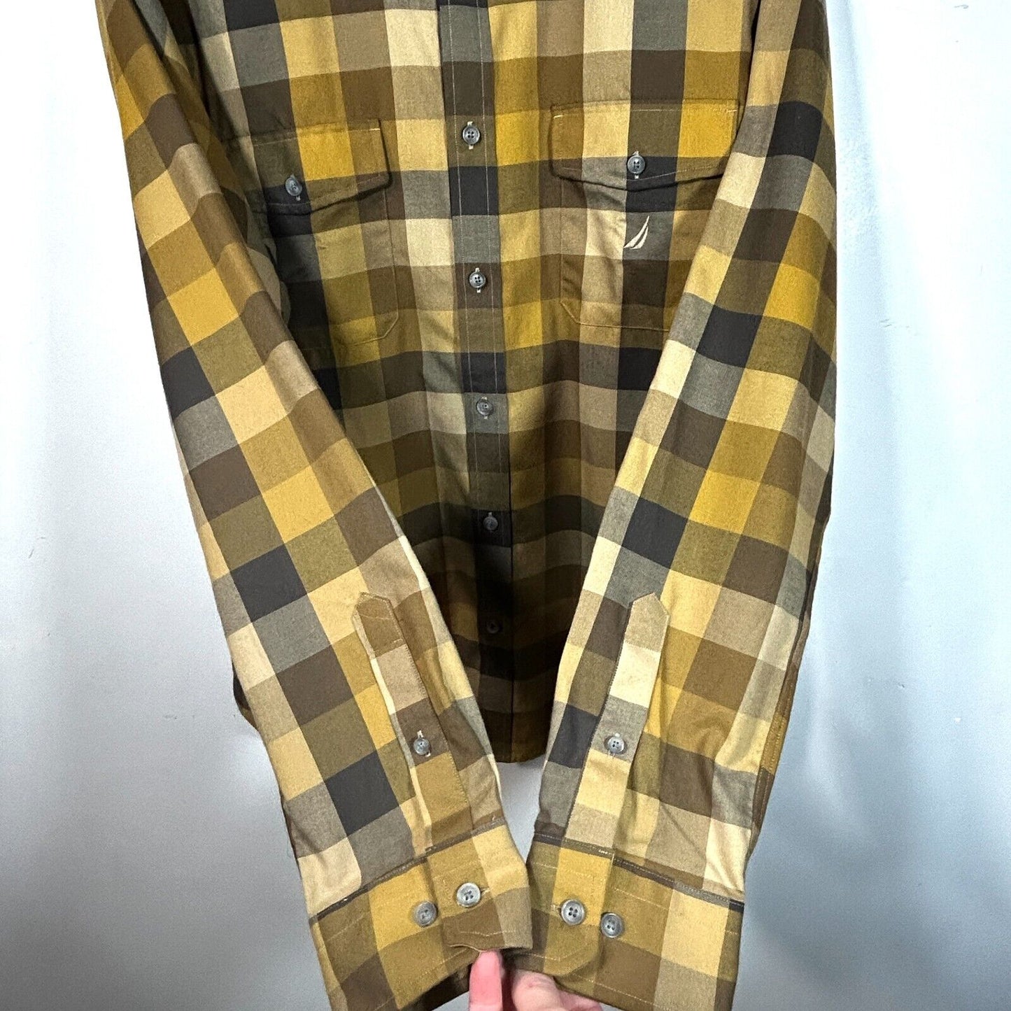 NAUTICA Mens L Black Yellow Plaid Button Down Dress Shirt Classic Fit