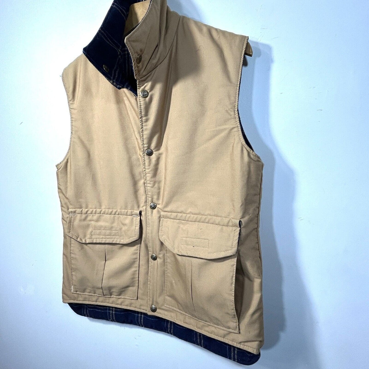 Vintage Reversible Puffer Vest Columbia Blue Plaid Tan Men’s S 1970’s