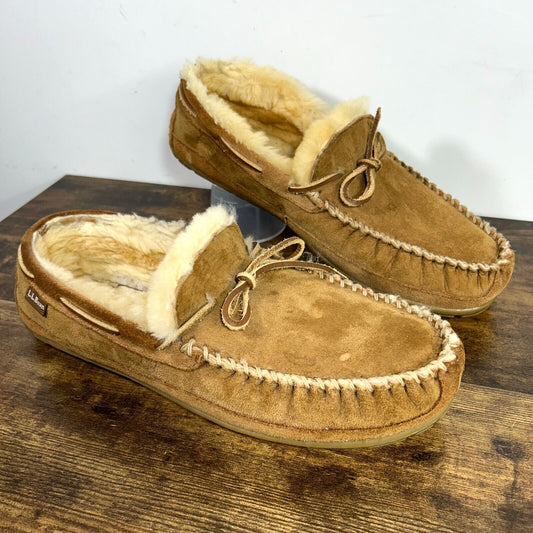 LL Bean Moccasins Wicked Good Sherpa Lined Slippers Mens 13 Wide Tan 264593