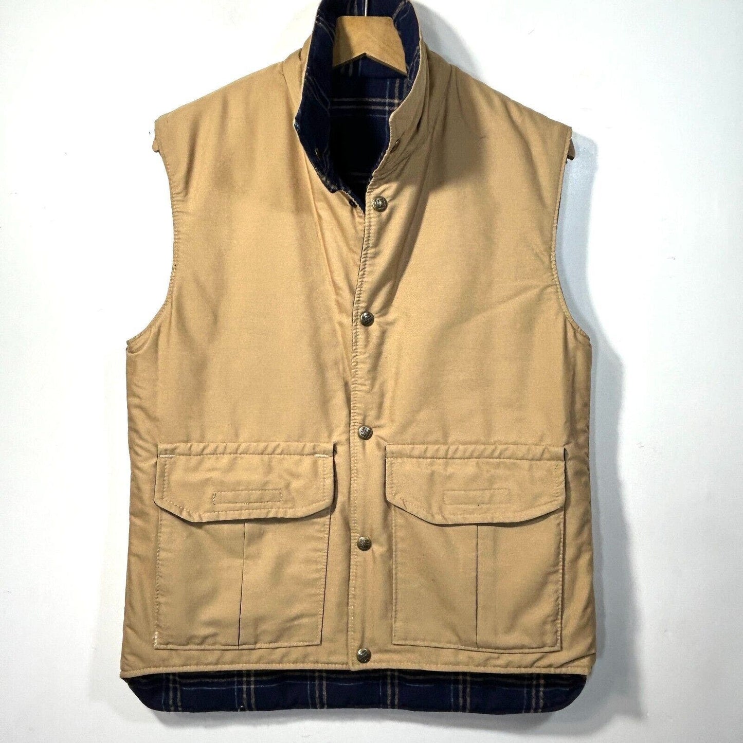 Vintage Reversible Puffer Vest Columbia Blue Plaid Tan Men’s S 1970’s