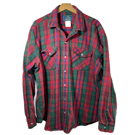 Vintage 70s Alaska Wear Pearl Snap Mens Flannel Shirt 2XL Red Plaid USA Made