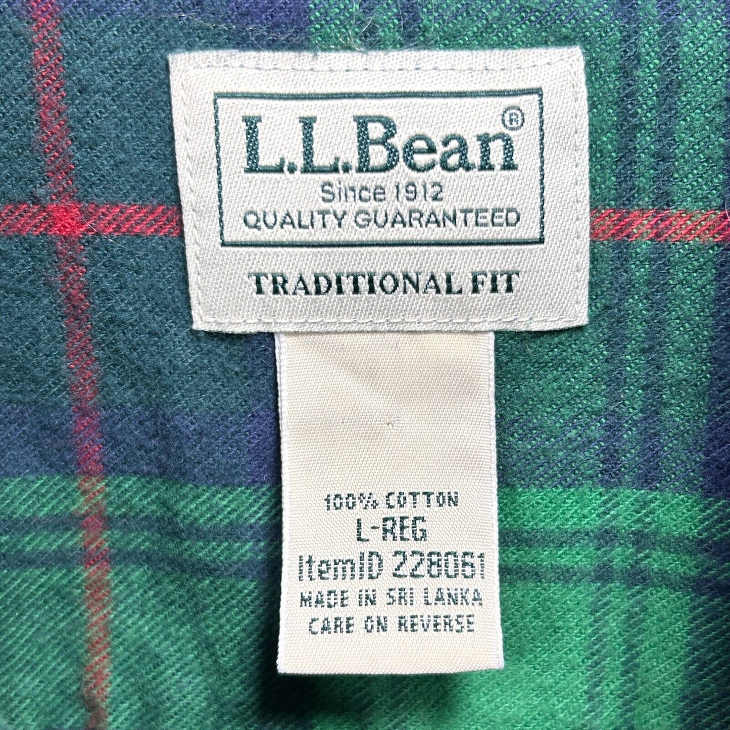 LL Bean Flannel Shirt Mens L Green Blue Plaid Long Sleeve Vintage