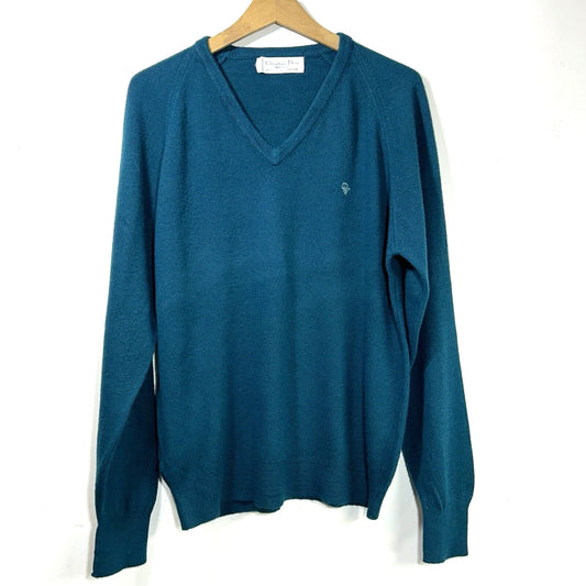 Vintage Christian Dior Sweater Orlon Acrylic V Neck Blue USA Made Mens L