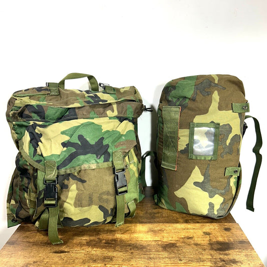 Vtg US Army M81 Woodland Camo Combat Patrol Pack + Sleep Storage Bag Set USA