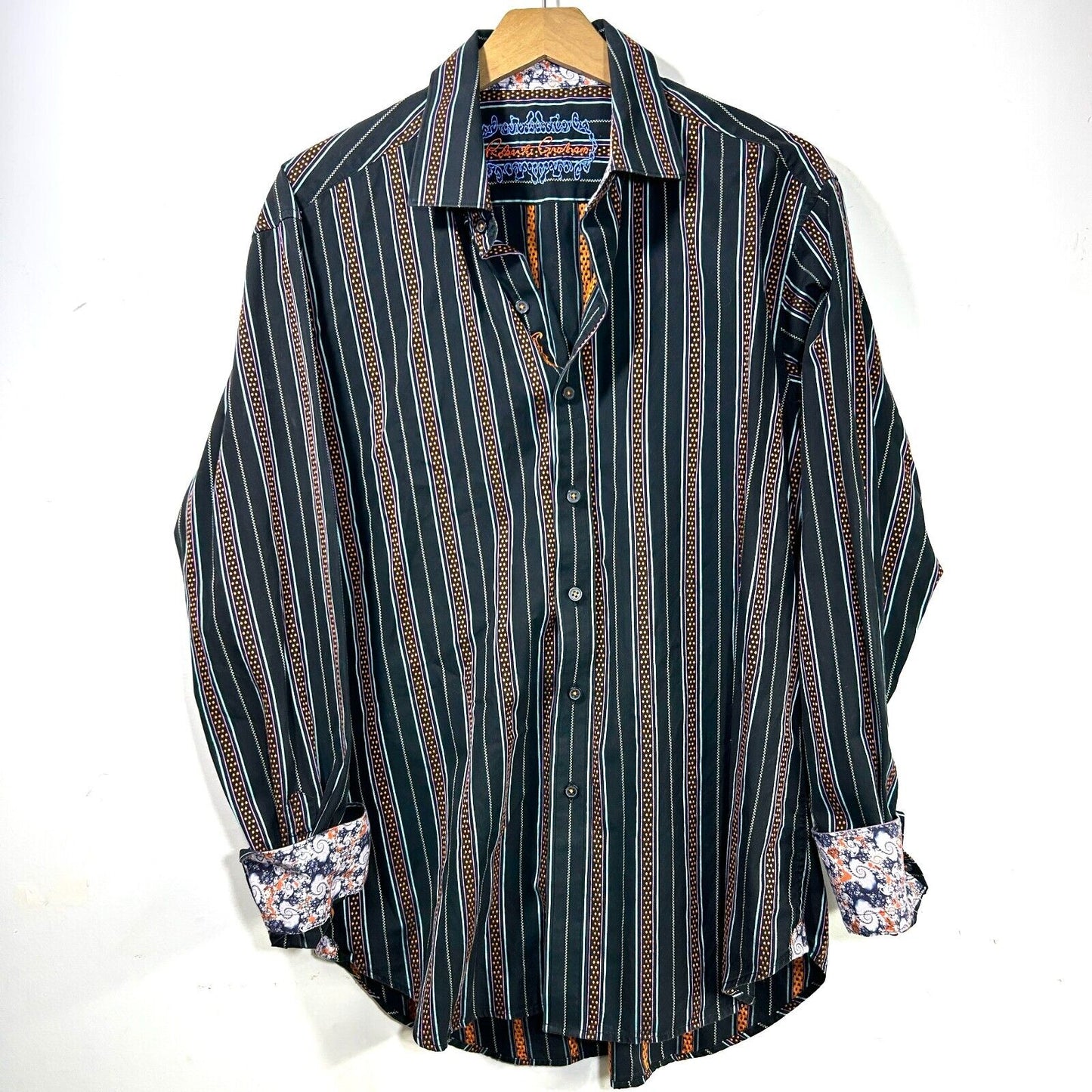 Robert Graham Mens L Knowledge Wisdom Truth Black Button Down Shirt Flip Cuff