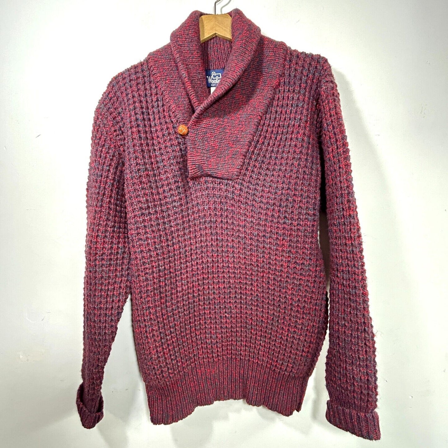 Woolrich Vtg Wool Pullover Sweater Fisherman Shawl Collar Red Button Size M