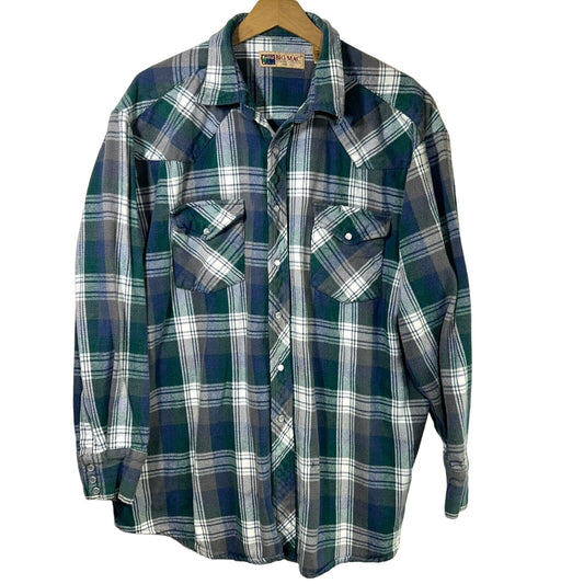 Vintage Big Mac Workwear Pearl Snap Mens Flannel Shirt XXLT Tall Blue Plaid