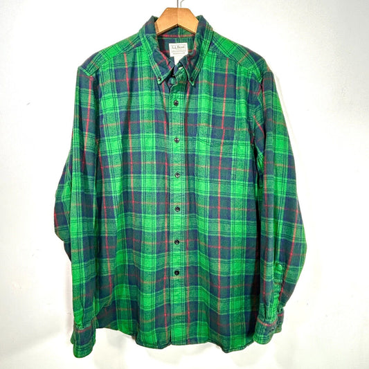 LL Bean Flannel Shirt Mens L Green Blue Plaid Long Sleeve Vintage