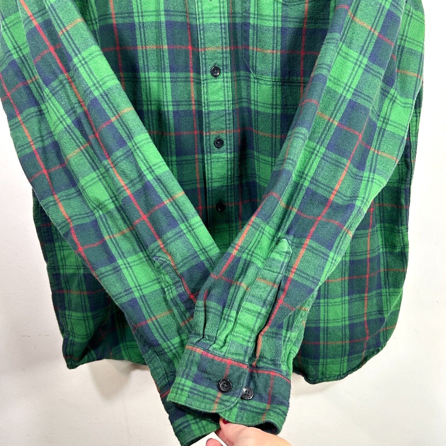 LL Bean Flannel Shirt Mens L Green Blue Plaid Long Sleeve Vintage