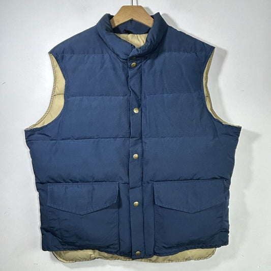 Vintage 80s Woolrich Men L Blue Tan Down Puffer Vest - Made In USA