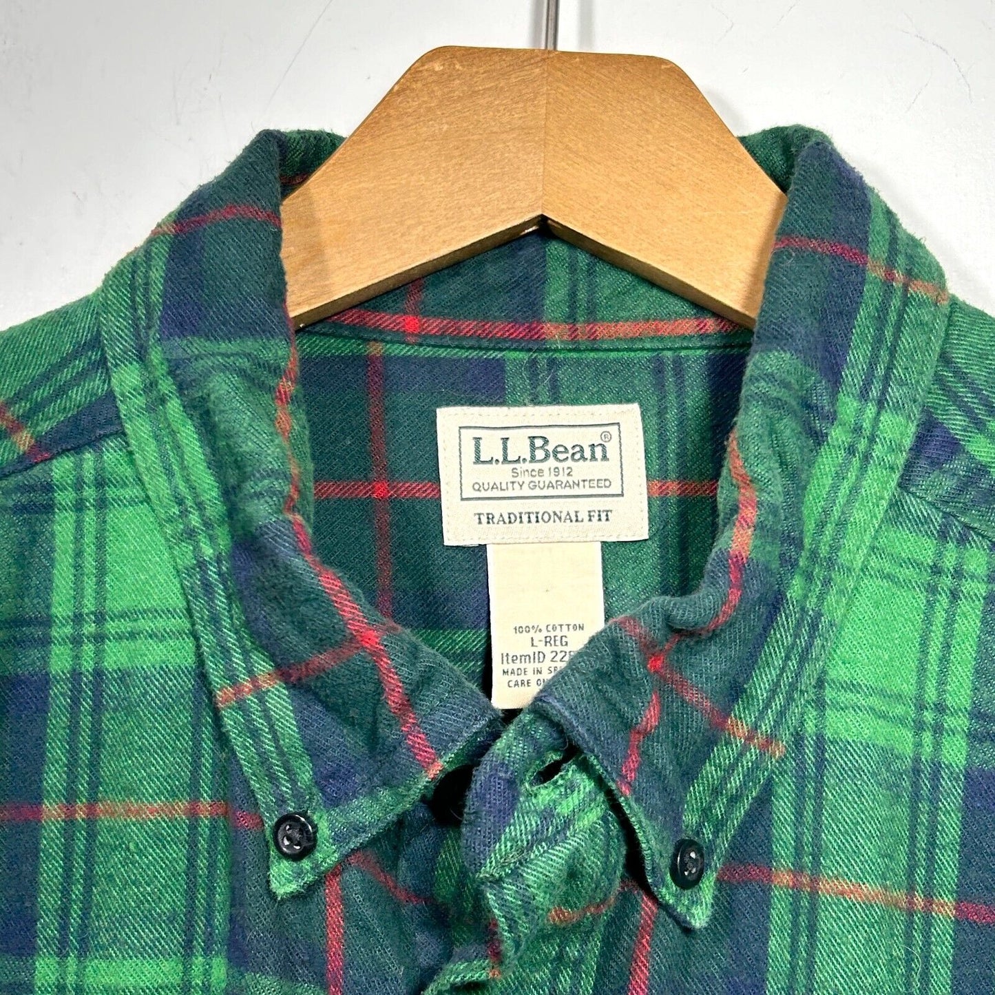 LL Bean Flannel Shirt Mens L Green Blue Plaid Long Sleeve Vintage