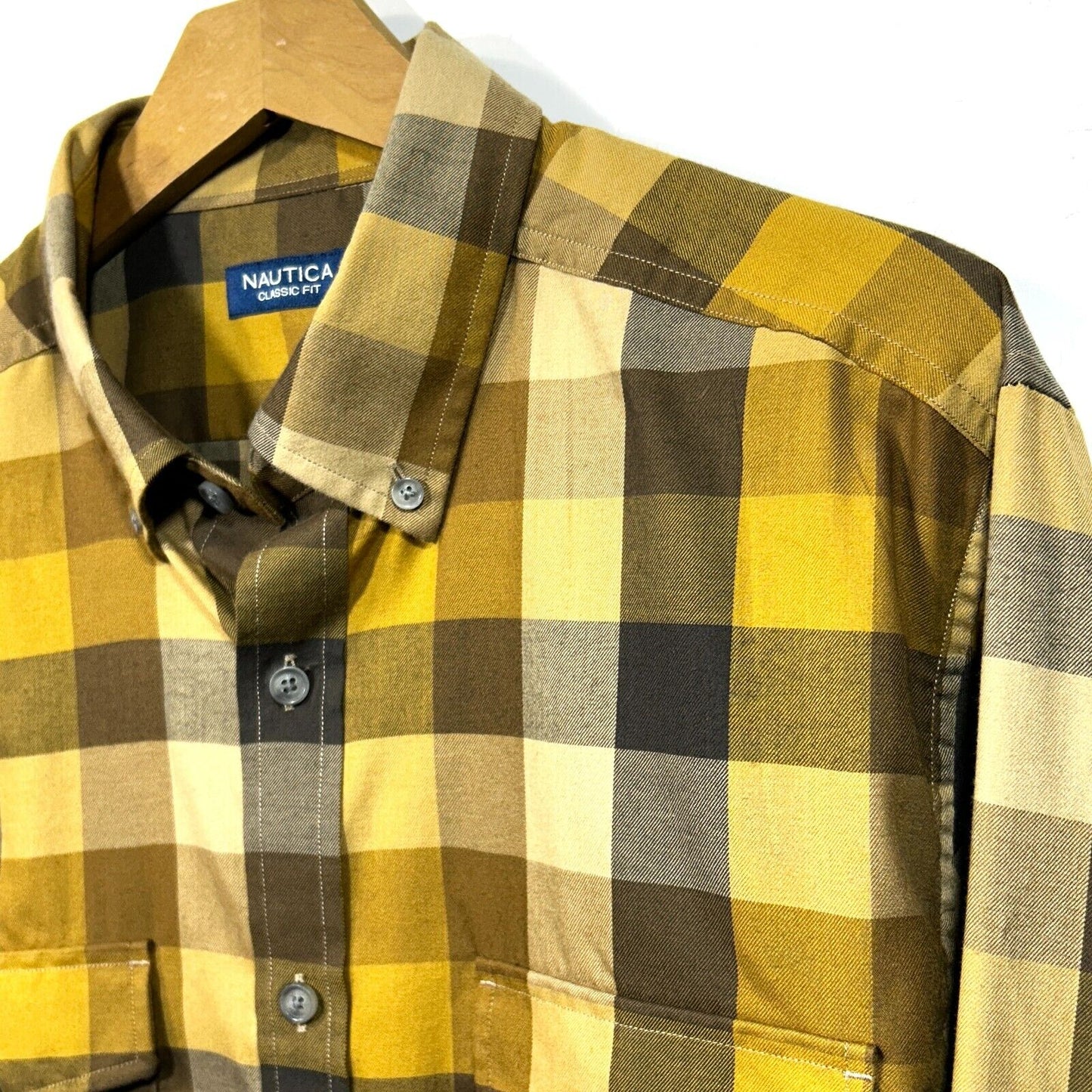 NAUTICA Mens L Black Yellow Plaid Button Down Dress Shirt Classic Fit