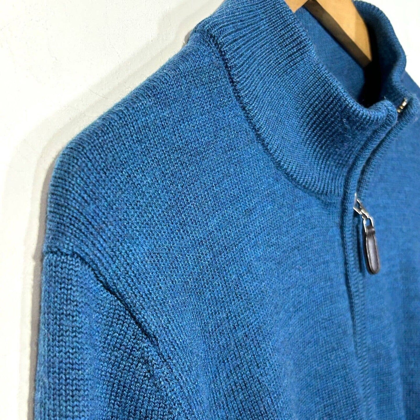 LL Bean 1/4 Zip Merino Wool Sweater Mens L Pullover Blue Repair Lower Front