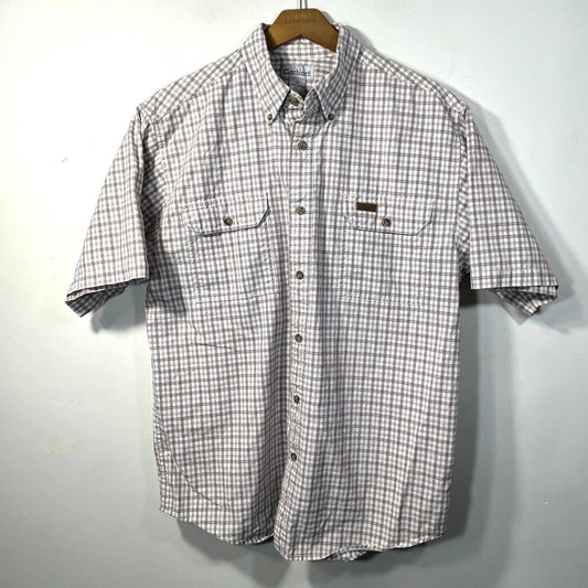 Carhartt Shirt Mens L Work Relaxed Button Up Short Sleeve White Chambray Plaid