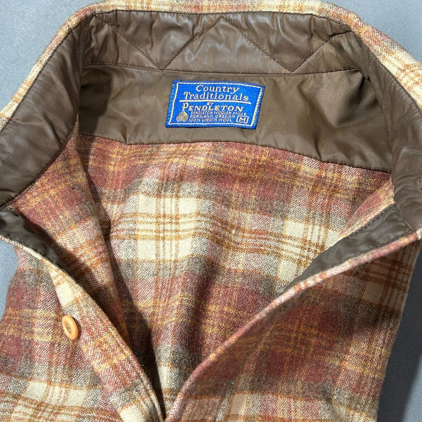 Pendleton Mens M 16 x 34 Wool Shirt Machine Washable Button Down Brown Plaid