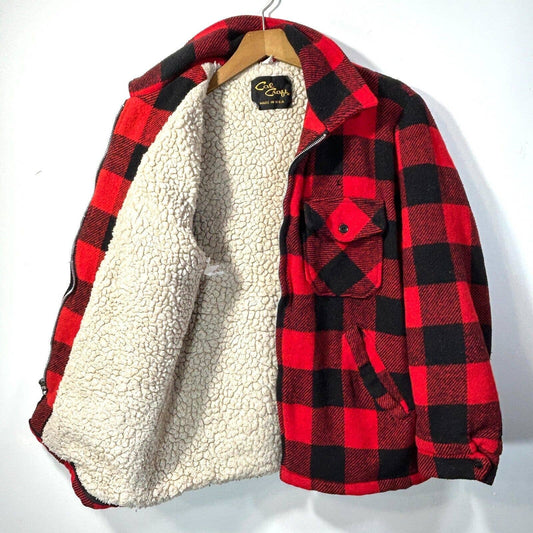 VTG Mens S Wool Zip Shirt Jacket Sherpa Lined USA MADE Red Black Plaid