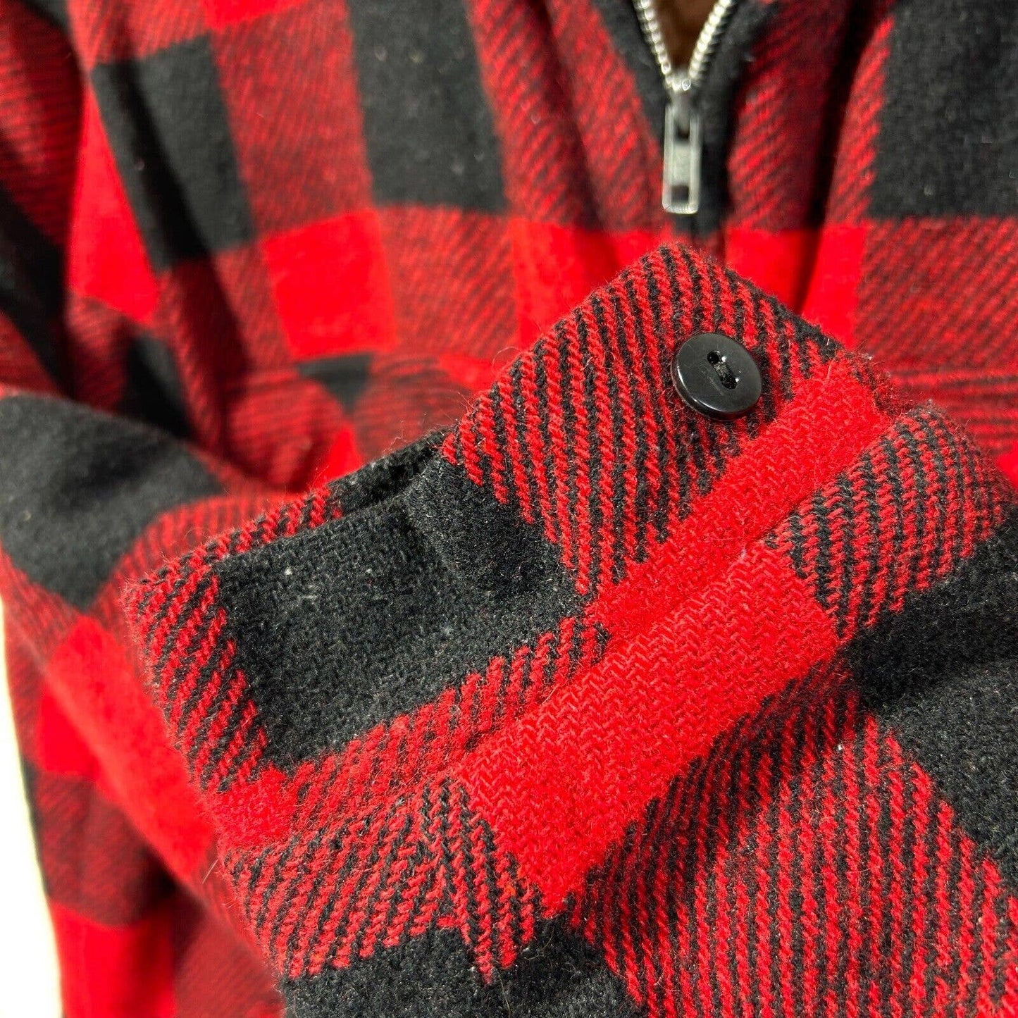 VTG Mens S Wool Zip Shirt Jacket Sherpa Lined USA MADE Red Black Plaid