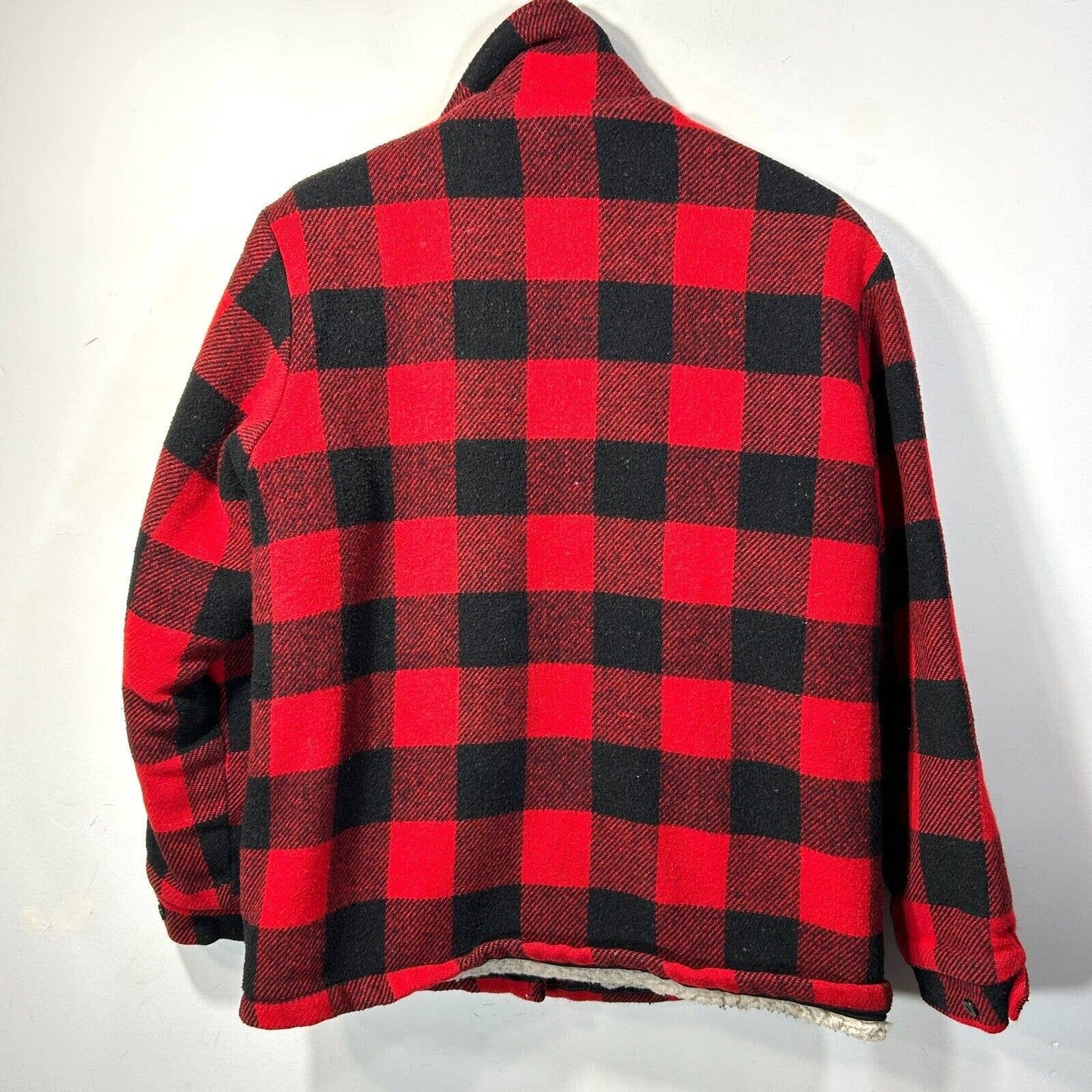 VTG Mens S Wool Zip Shirt Jacket Sherpa Lined USA MADE Red Black Plaid