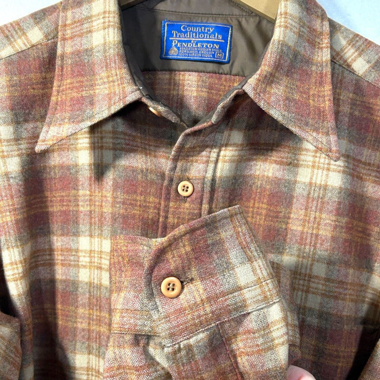 Pendleton Mens M 16 x 34 Wool Shirt Machine Washable Button Down Brown Plaid