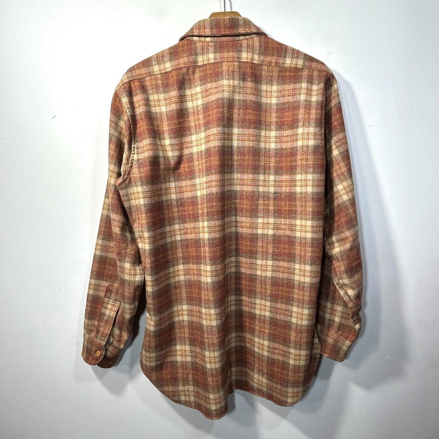 Pendleton Mens M 16 x 34 Wool Shirt Machine Washable Button Down Brown Plaid