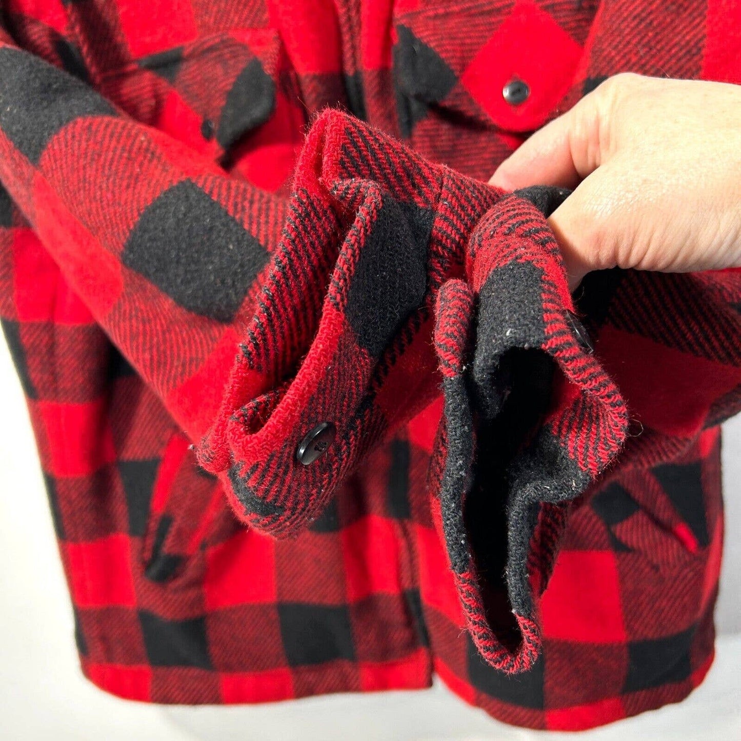 VTG Mens S Wool Zip Shirt Jacket Sherpa Lined USA MADE Red Black Plaid