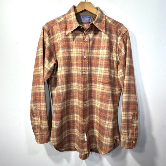 Pendleton Mens M 16 x 34 Wool Shirt Machine Washable Button Down Brown Plaid