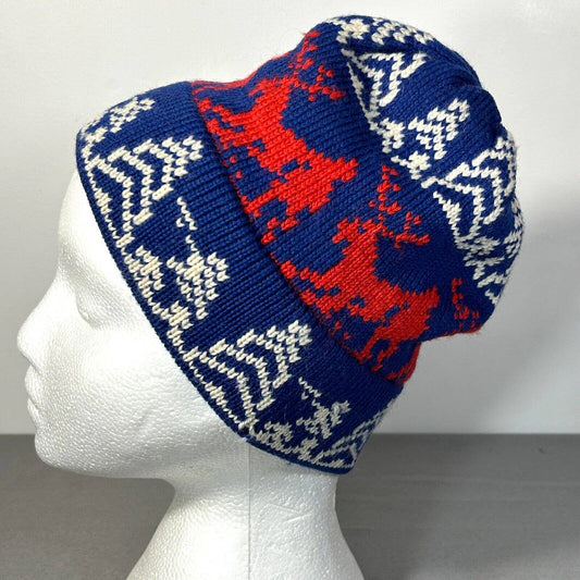 Vintage Wool Beanie Ski Hat Tricolor Nordic Reindeer XS Made in Canada