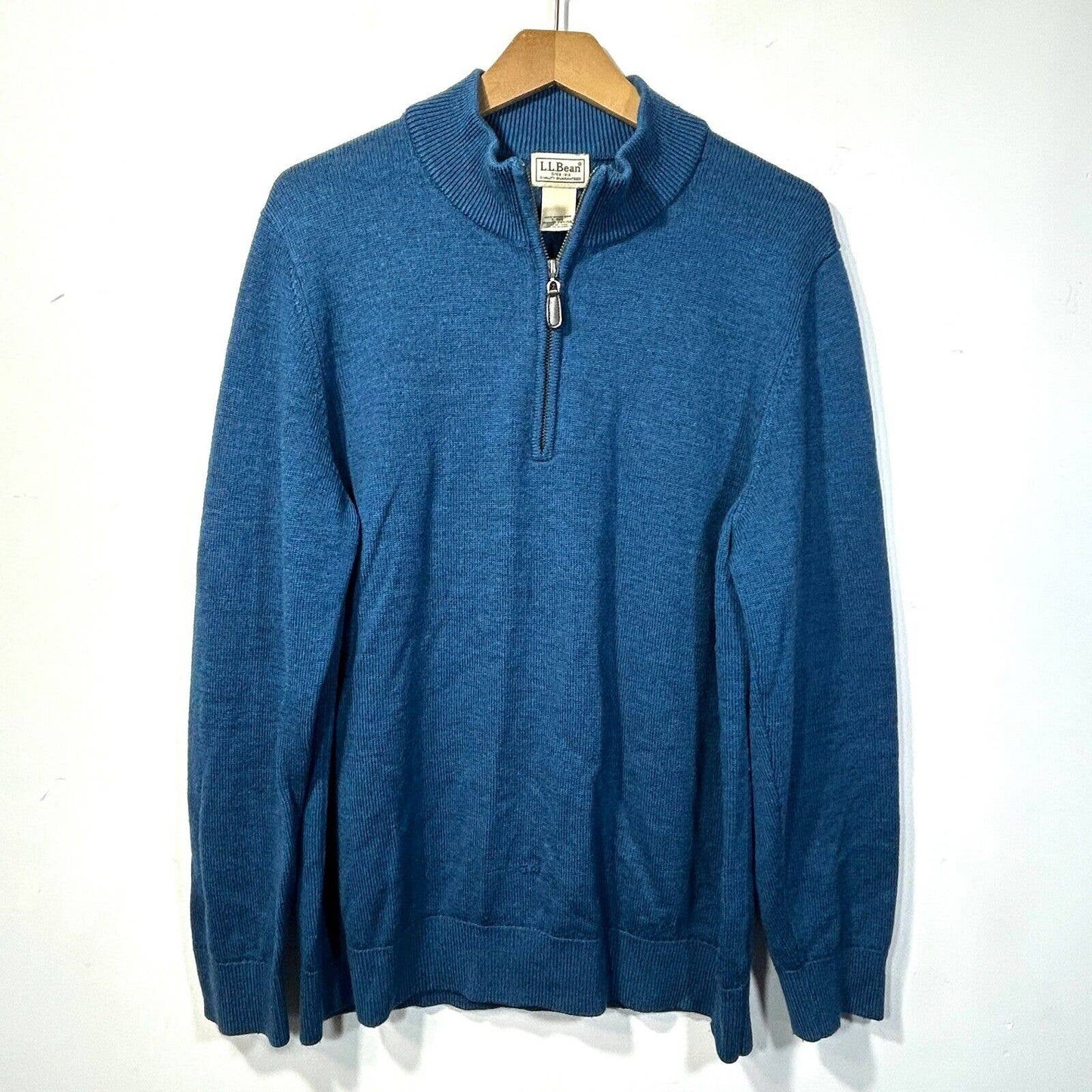 LL Bean 1/4 Zip Merino Wool Sweater Mens L Pullover Blue Repair Lower Front