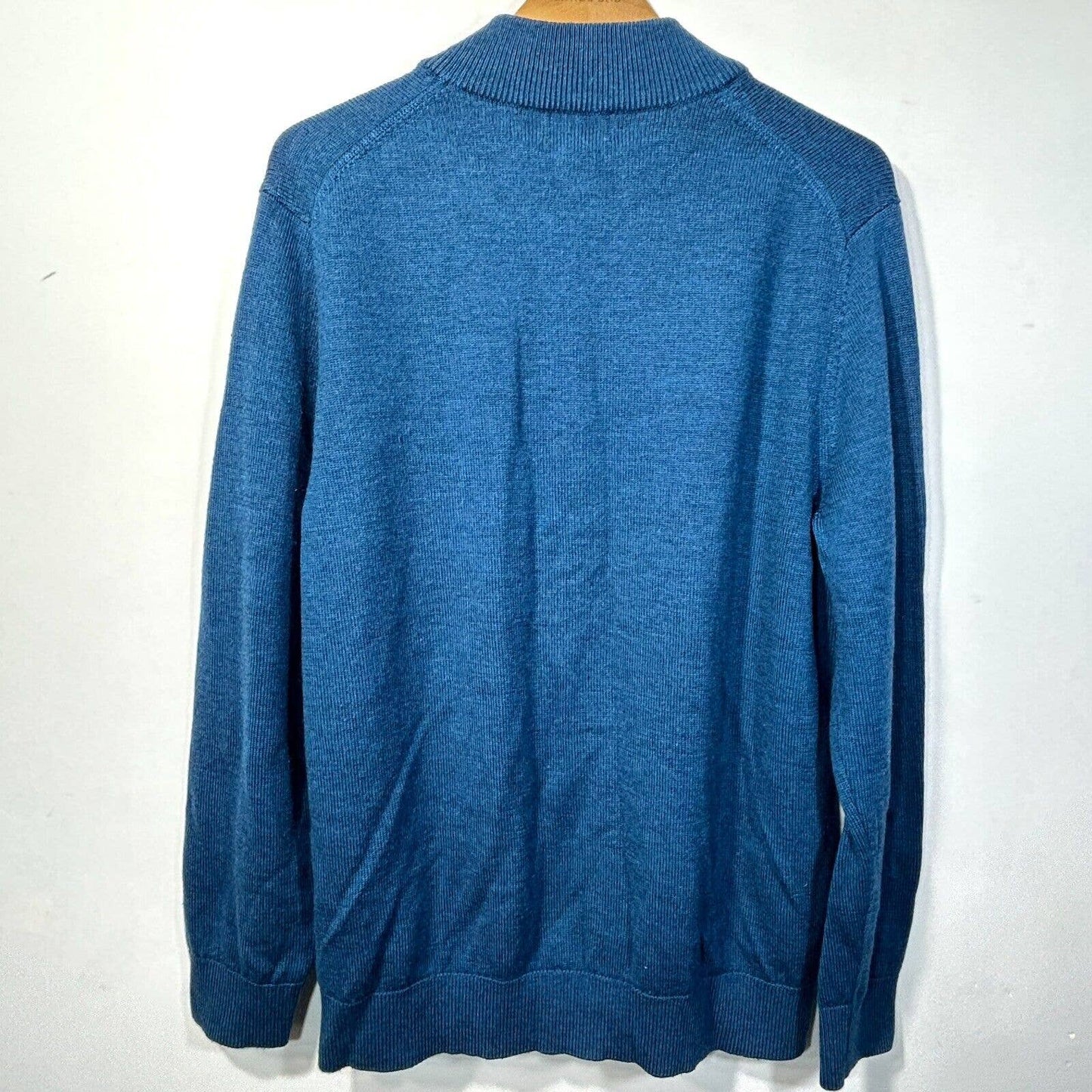 LL Bean 1/4 Zip Merino Wool Sweater Mens L Pullover Blue Repair Lower Front