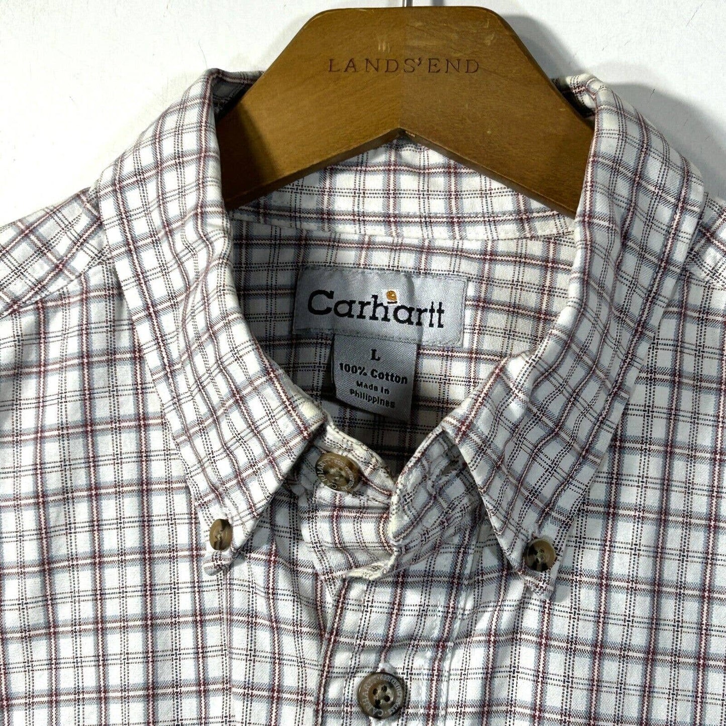 Carhartt Shirt Mens L Work Relaxed Button Up Short Sleeve White Chambray Plaid