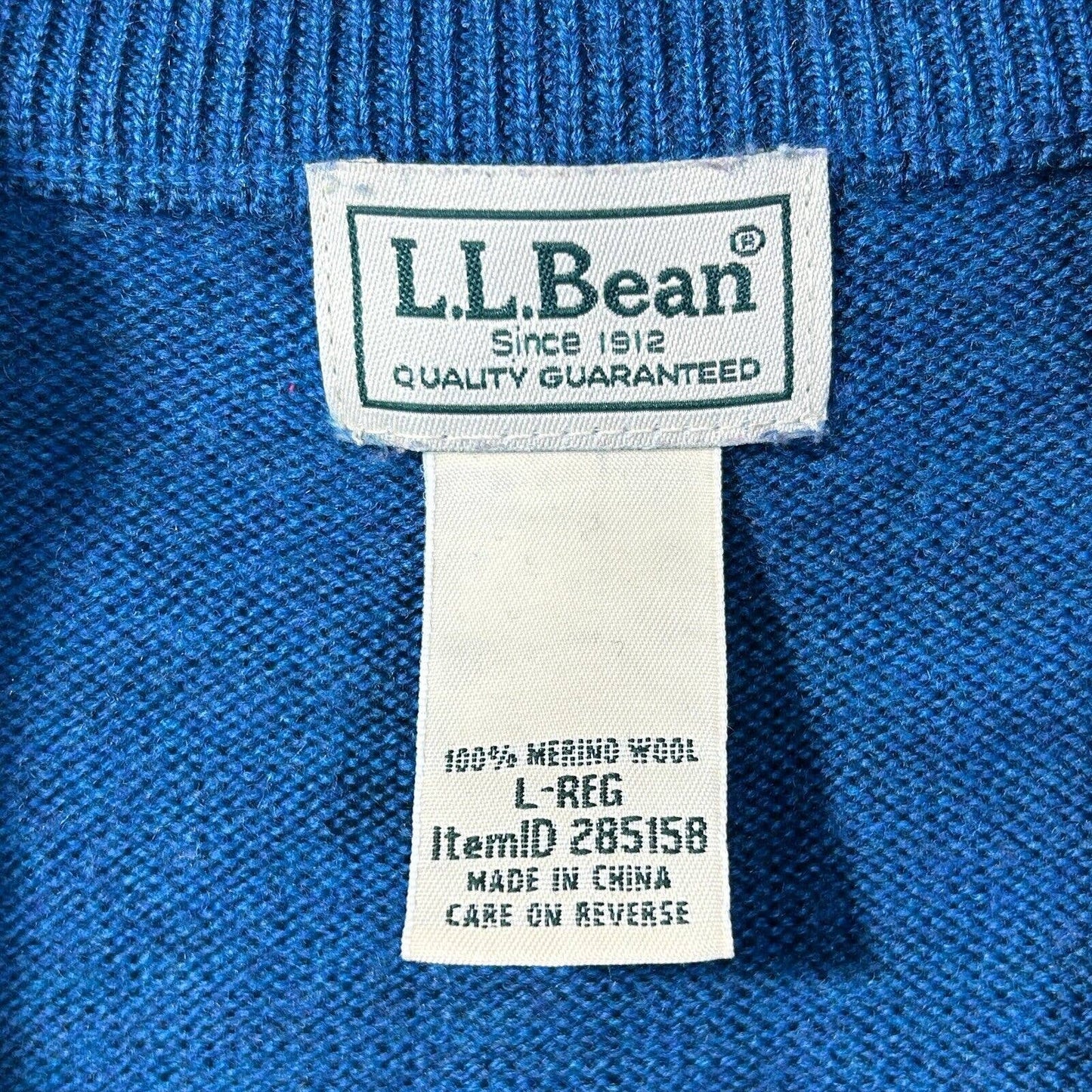 LL Bean 1/4 Zip Merino Wool Sweater Mens L Pullover Blue Repair Lower Front