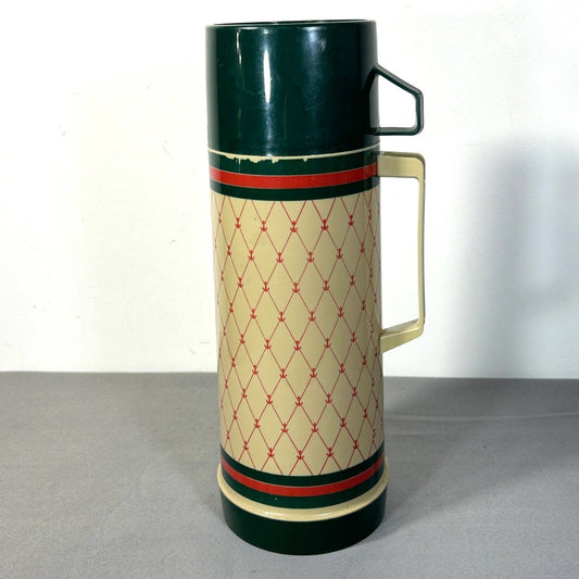 Vintage Aladdin Insulated Thermos Bottle Green Tan Design Rare 1qt Made in USA