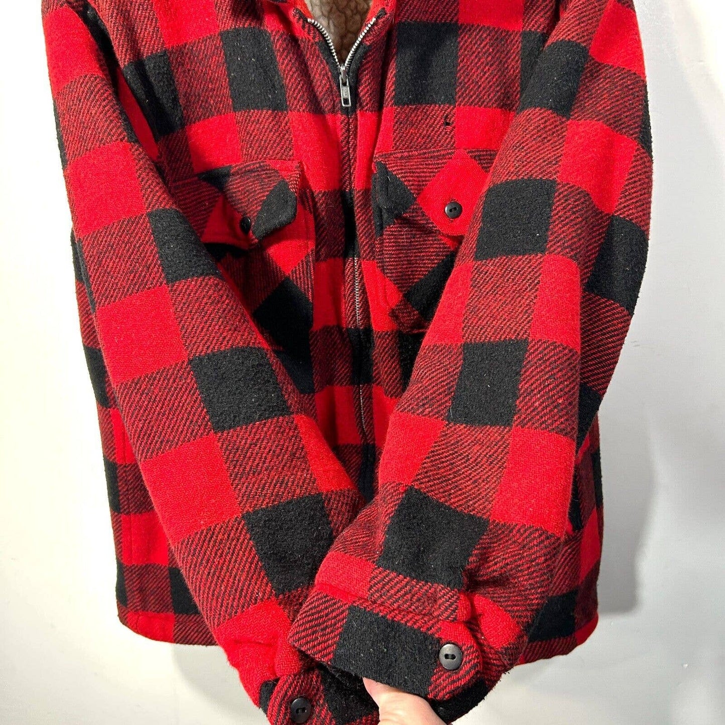 VTG Mens S Wool Zip Shirt Jacket Sherpa Lined USA MADE Red Black Plaid