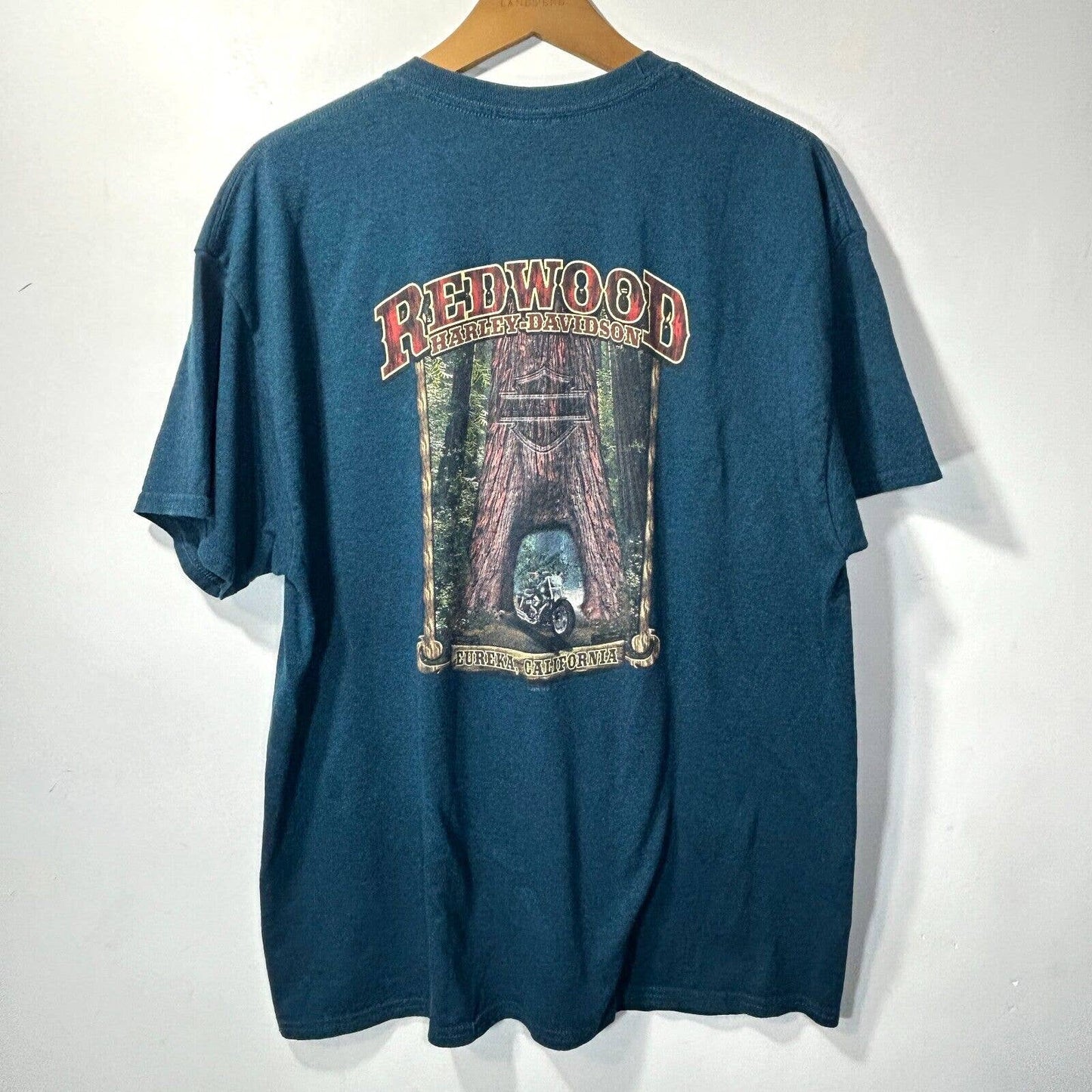 Harley Davidson T Shirt Blue Mens XL Double Sided Print Redwood