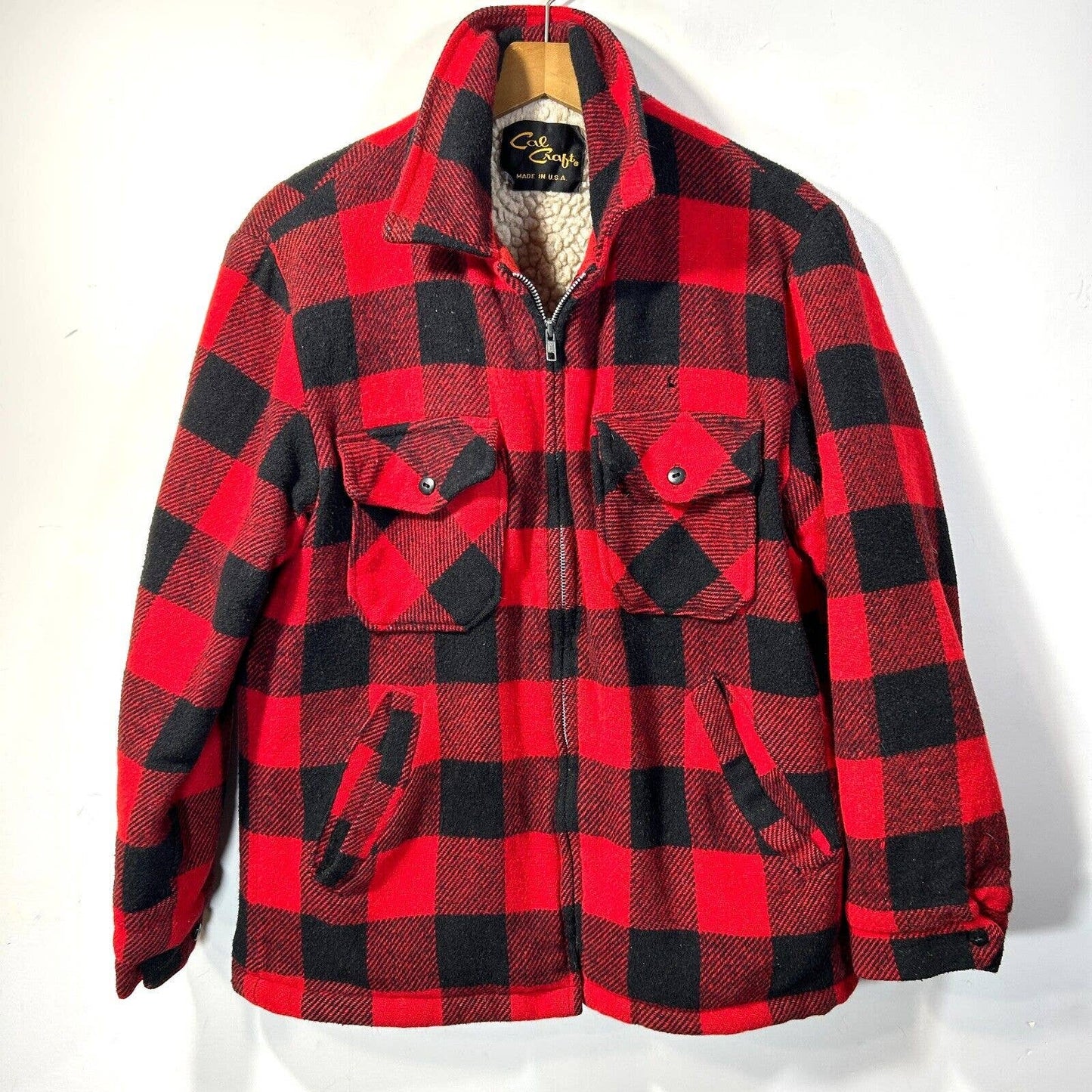 VTG Mens S Wool Zip Shirt Jacket Sherpa Lined USA MADE Red Black Plaid