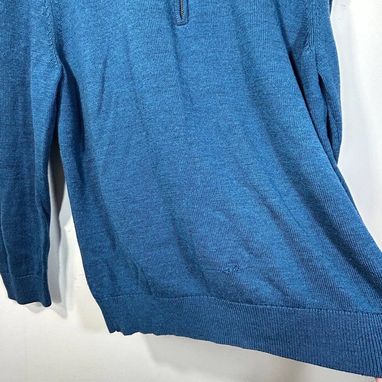 LL Bean 1/4 Zip Merino Wool Sweater Mens L Pullover Blue Repair Lower Front