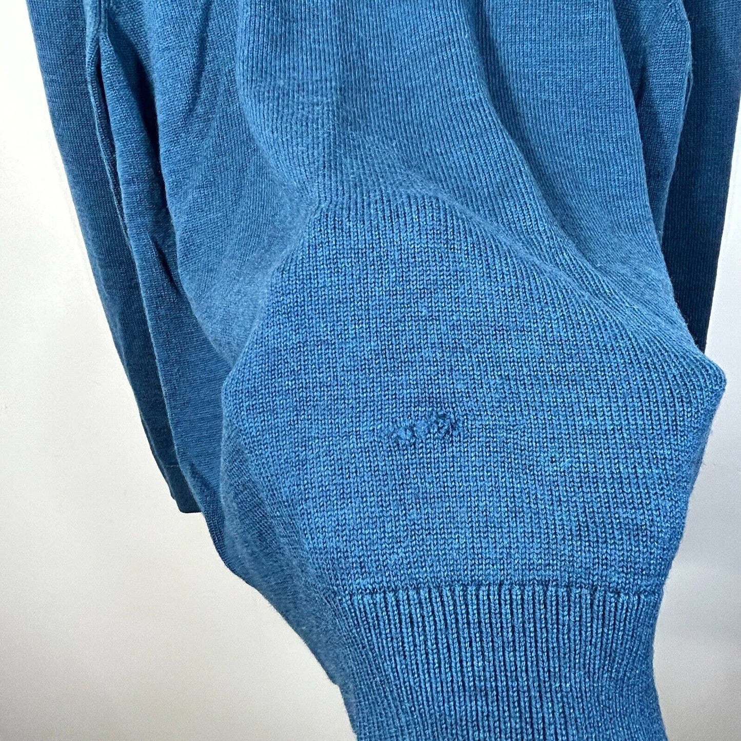 LL Bean 1/4 Zip Merino Wool Sweater Mens L Pullover Blue Repair Lower Front